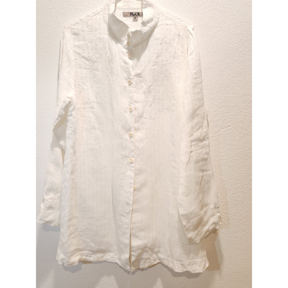 FLAX White 100% Linen Button Front Shirt Women's Size M‎ Made Lithuania